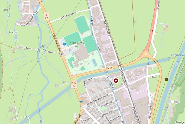 Kartenausschnitt von Näfels mit markiertem Verkaufsplatz an der Strasse Am Linthli
